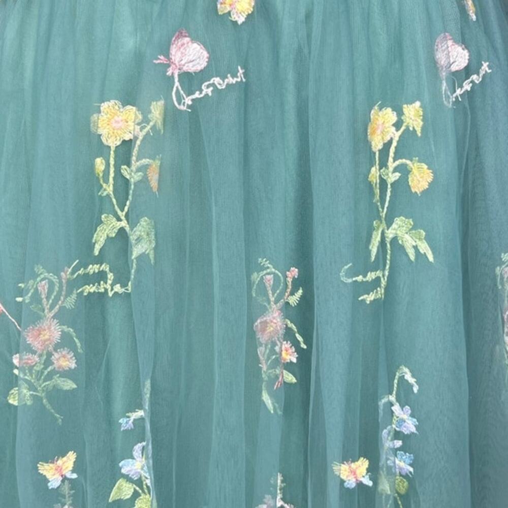 Teal Green Embroidered Floral Tulle Corset Midi Dress 10 Fairycore Formal - Picture 9 of 13